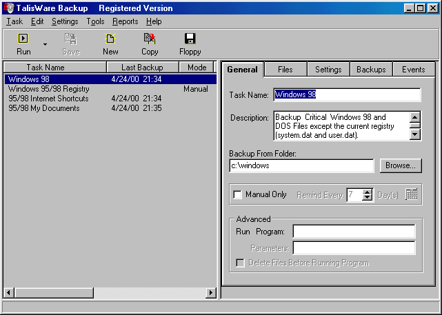 TalisWare Backup Main Screen